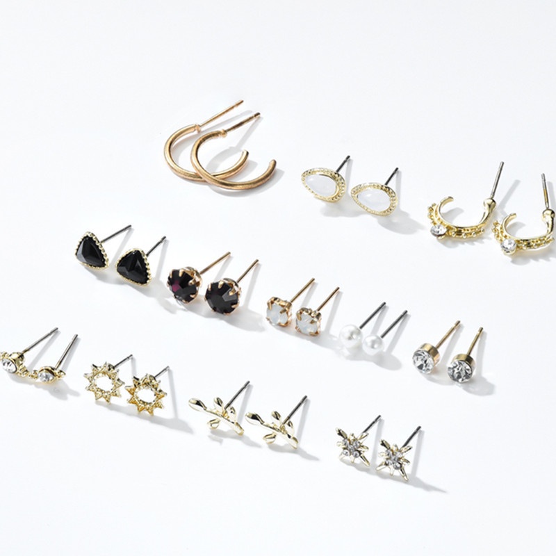 Set 12 Đôi Khuyên Tai Kim Loại Đính Đá Đơn Giản Dành Cho Nữ