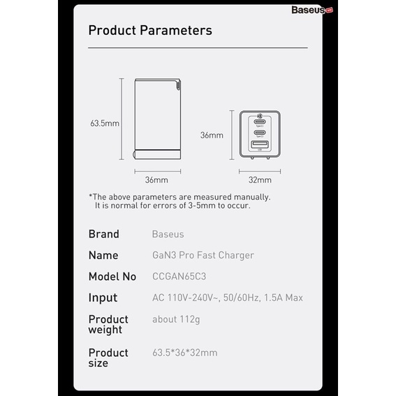 【BASEUS GAN2/GAN3 PRO 65W Tặng cáp 100W】Bộ sạc Baseus GAN2/3 Pro 65W PD QC 4.0 sạc nhanh iPhone 13 Samsung Macbook