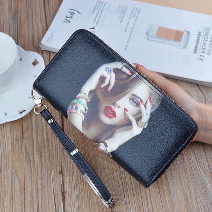 Ví nữ dài cầm tay NEW-0053 phối hoạ tiết và hình mỹ nhân mới lạ, sang trọng, kiểu dáng 2 khóa kéo tiện dụng, bền đẹp
