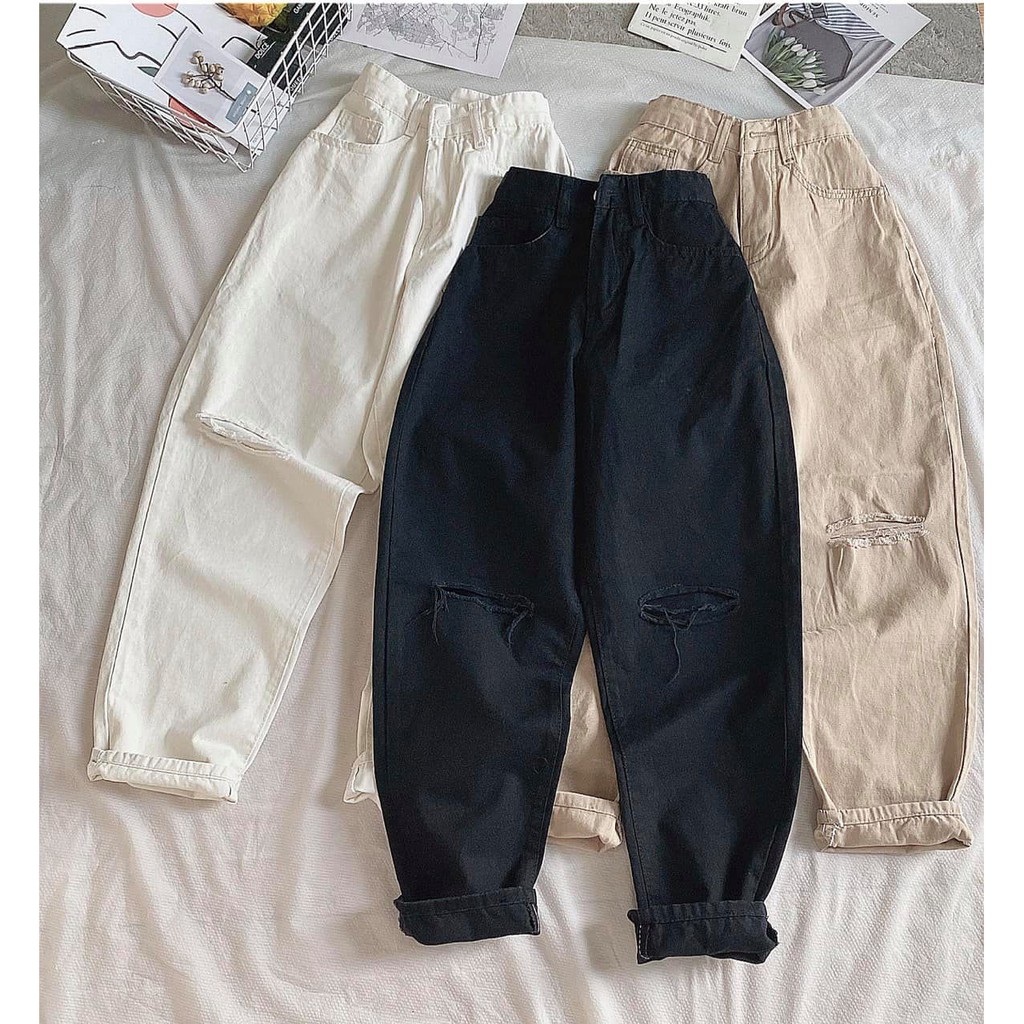 Quần baggy kaki rách gối 004 Quần Jean nữ ống đứng đai cao đẹp cao cấp CHIBEST QKT004