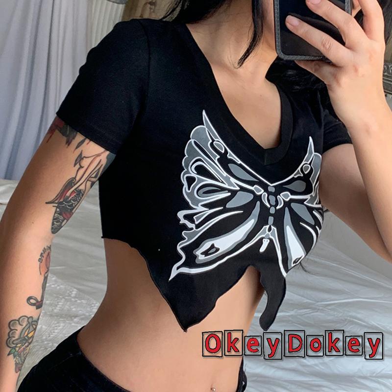 OKDK-y2k Women Sexy Crop Tops V-neck Short Sleeve Butterfly Pattern Print Irregular Hem T-shirt