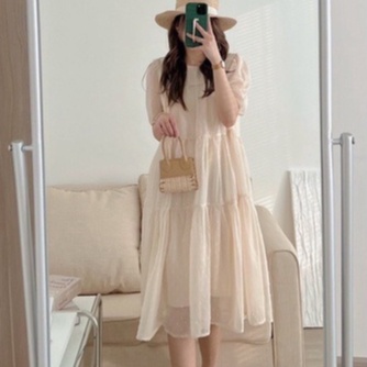 Váy babydoll dáng dài, đầm nữ cộc tay phom rộng dáng suông họa tiết chấm bi 2 lớp freesize  hàn quốc Wikishop C1031