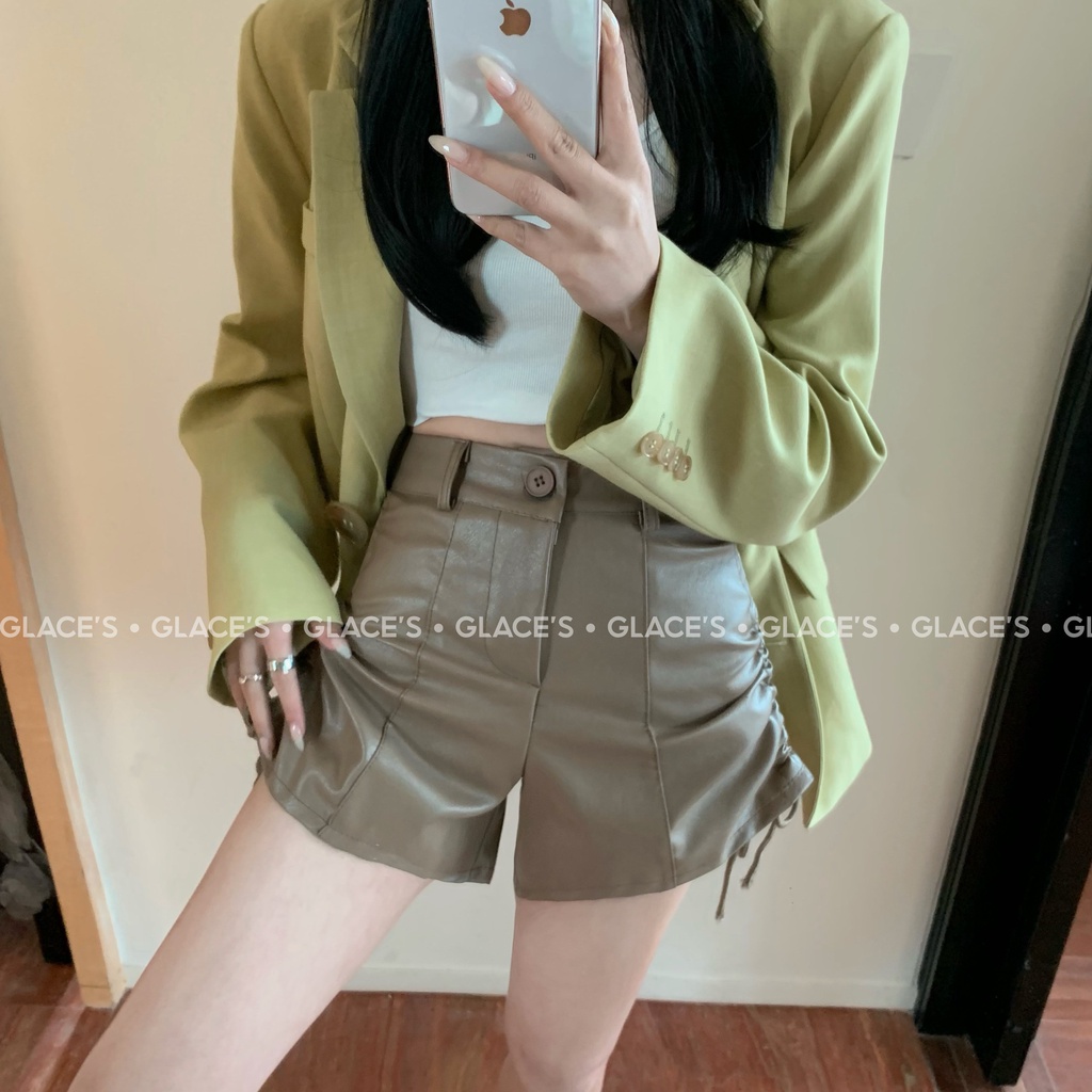 [Ảnh thật/ Hàng sẵn] Quần short da ⚡FREESHIP⚡ Quần sooc da nữ cạp cao rút dây hai bên hông, siêu tôn dáng, đầy cá tính