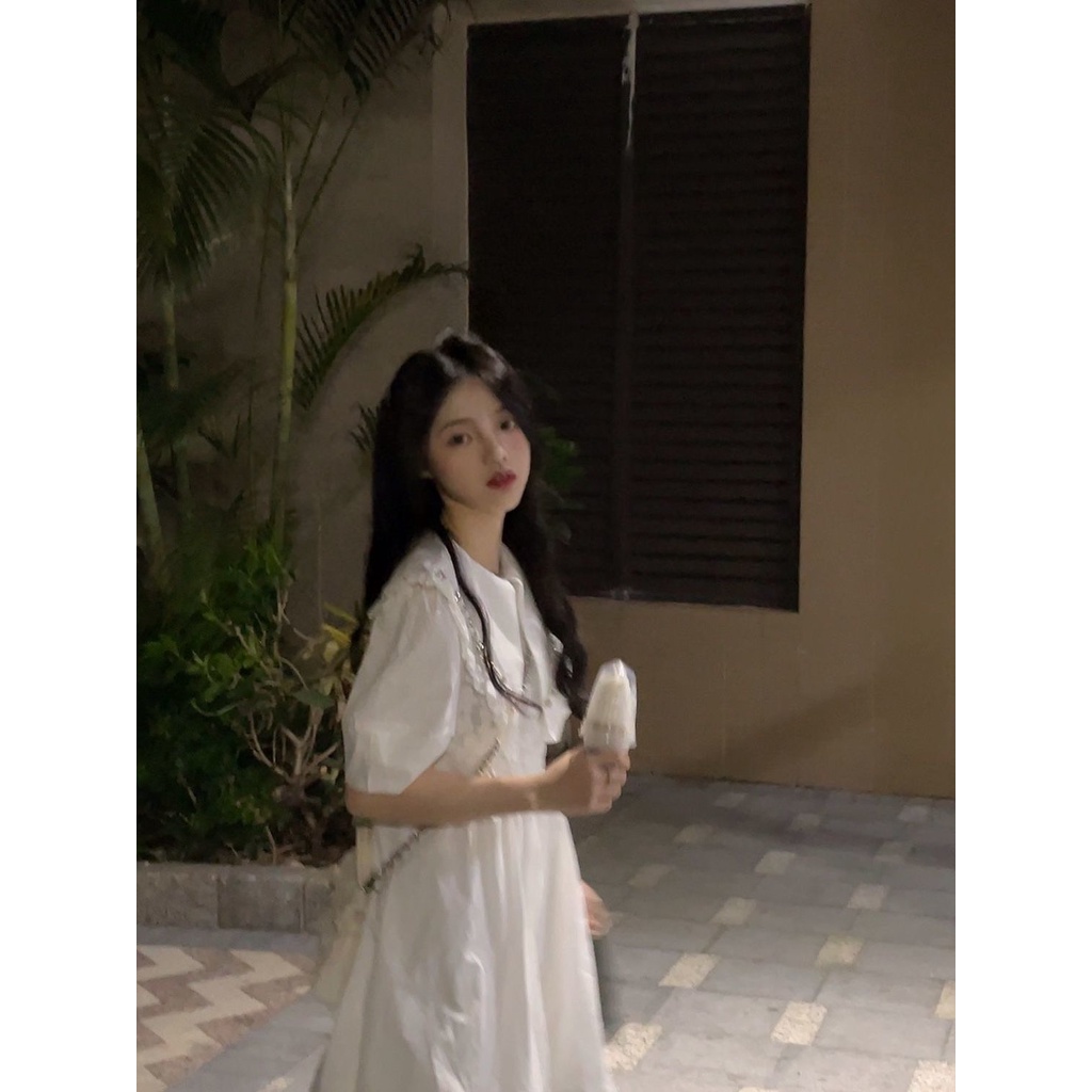 Retro pure desire wind tea break skirt with diamond doll collar romantic dress first love summer waist sweet bubble slee