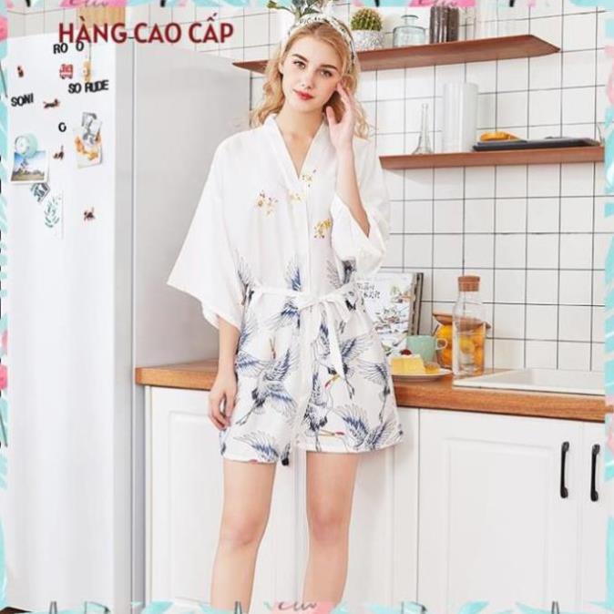 Áo choàng ngủ lụa cao cấp kiểu kimono in hình chim hạt sang trọng Thư Thư [HÀNG CAO CẤP] !