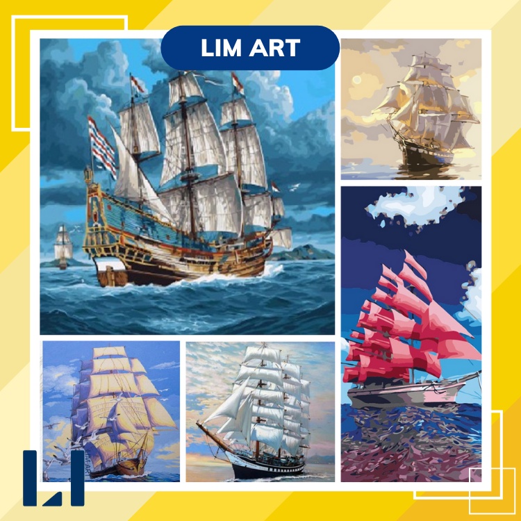 Tranh sơn dầu số hóa có khung thuận buồm xuôi gió- Tranh tô màu theo số biển cả và thuyền buồm LIM Art