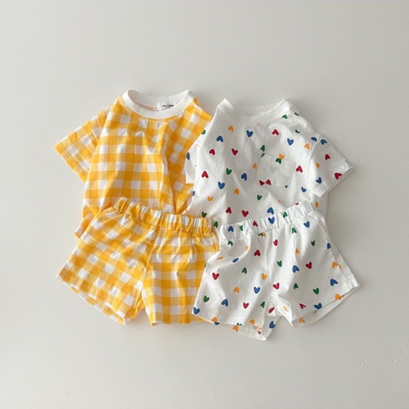 Bộ Áo Thun Cotton Ngắn Tay + Quần Short Họa Tiết Sọc Caro Thời Trang Mùa Hè Cho Bé Sơ Sinh