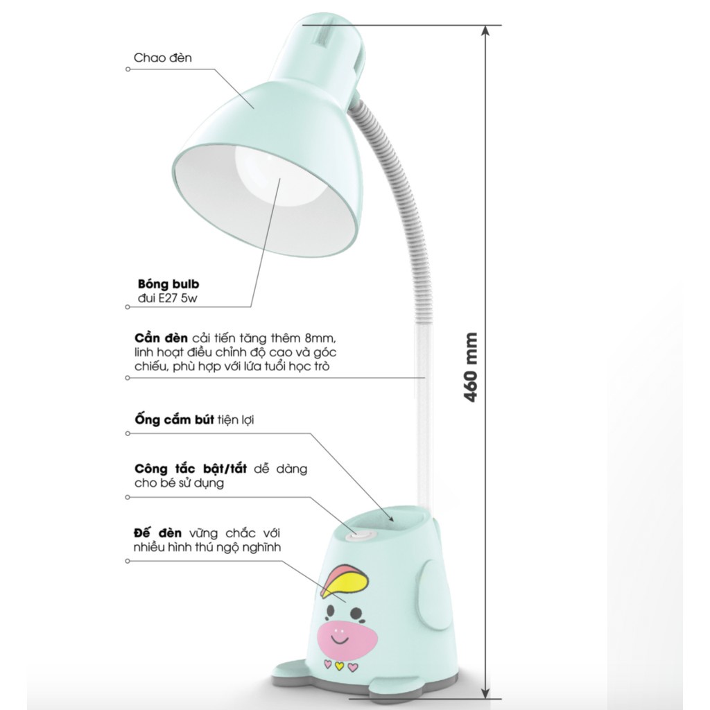 Đèn học để bàn RẠNG ĐÔNG chống cận RL24 kèm bóng LED 5W tiết kiệm điện năng, bảo vệ thị lực