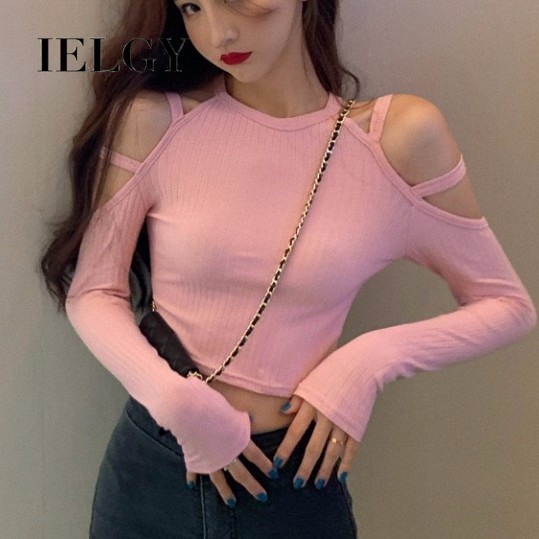 Áo thun IELGY tay dài hở vai phong cách retro tùy chọn màu sắc dành cho nữ