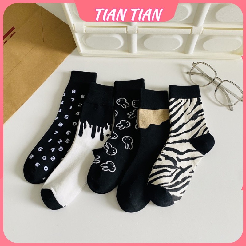TIAN TIAN T222 Vớ Cotton Màu Đen Cổ Vừa Phong Cách Nhật Bản Dễ Phối Đồ Thời Trang Xuân Thu Cho Nữ
