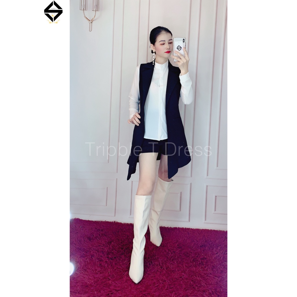 Sét vest 3 món áo sơ mi voan tay dài + sort và khoác gile như hình TRIPBLE TDRESS - size M/L/XL