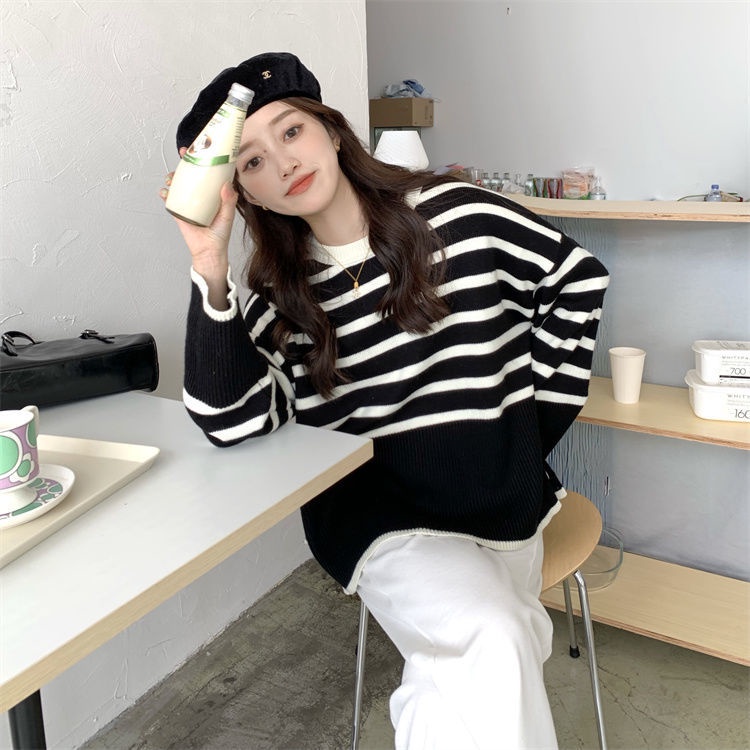 Áo sweater dệt kim tay dài form rộng xẻ tà họa tiết kẻ sọc thời trang thu đông 6001