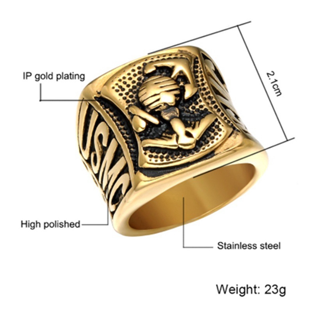 Marine Corps Anchor Gold Ring Men Badge Ring Stone Jewelry