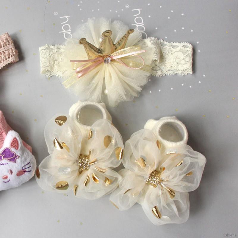 Baby Socks And Headband Set Lovely Flowers Decorated Anti-Slip Ankle Socks Elastic Hair Band Set