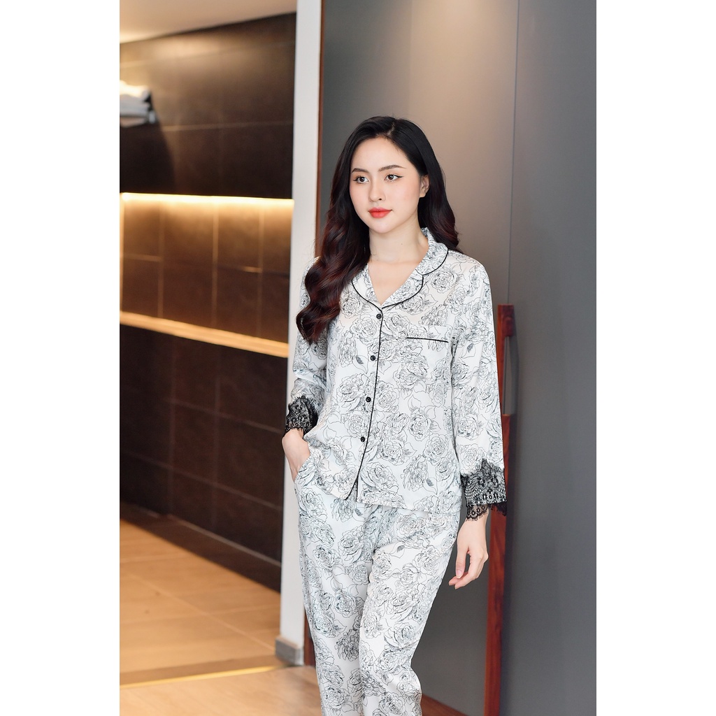 Bộ mặc nhà pyjama lụa cao cấp Tea Store tay dài quần dài họa hoa trà đáp ren sang trọng