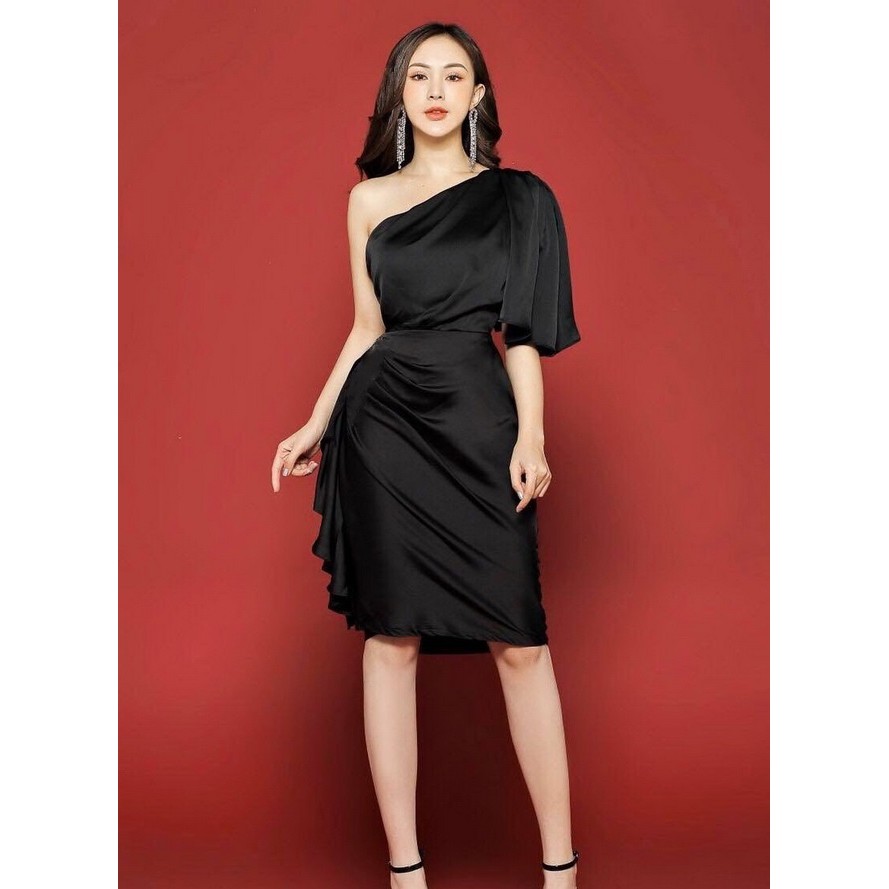 [Có bigsize] Đầm lụa dự tiệc lệch vai dún eo cao cấp *hình shop chụp