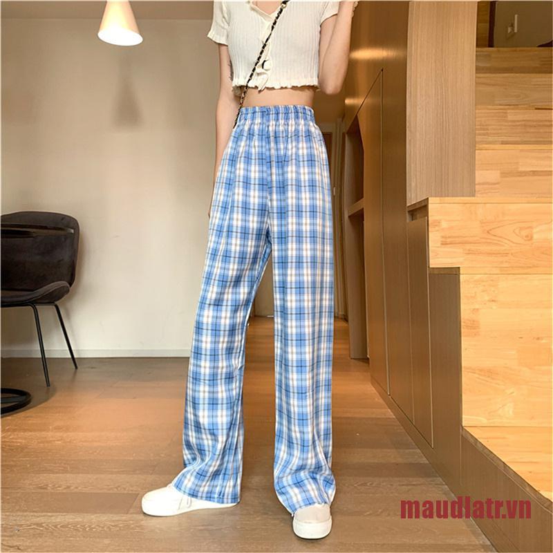 ATRMA Retro Plaid Wide-leg Pants Women Plaid Loose High Waist Wide Leg Long Trou