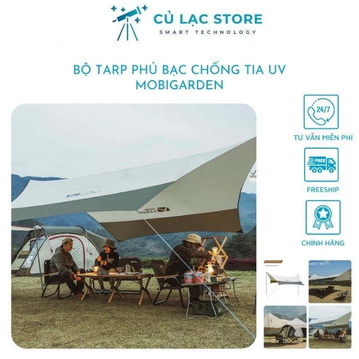 Bộ bạt tăng tarp phủ bạc chống thấm nước, chống tia UV dùng cho dã ngoại, camping KT 4m4x4m4