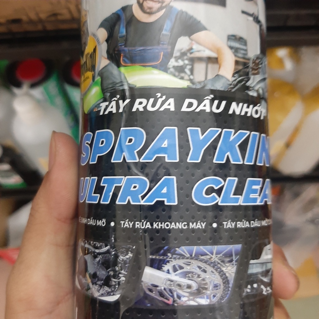 Tẩy rửa dầu nhớt, rửa sên SprayKing Ultra Clean 1 Lít kèm bàn chải 3D - Tặng kèm vòi xịt