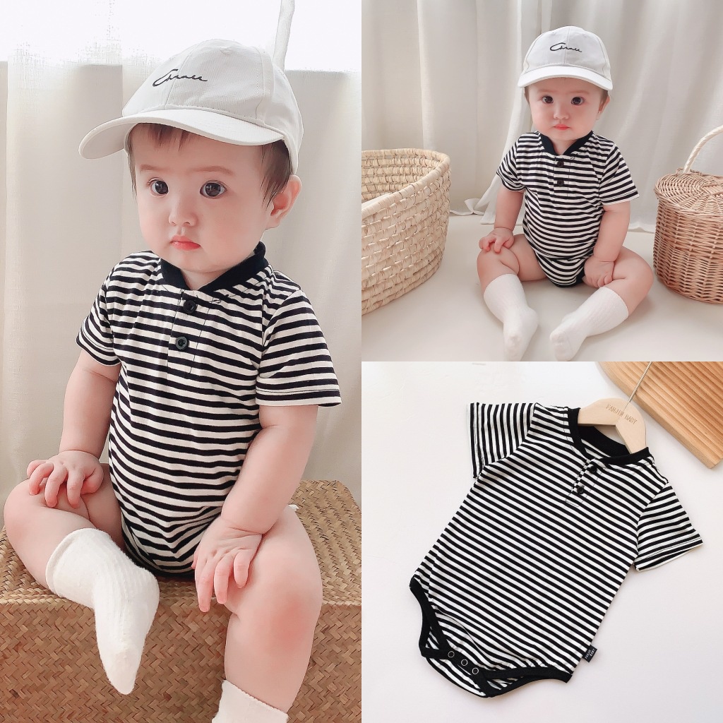 Bộ Áo Liền Quần Vải Cotton Tay Ngắn Cổ Đứng Họa Tiết Kẻ Sọc Dành Cho Bé Trai 0-24 Tháng Tuổi