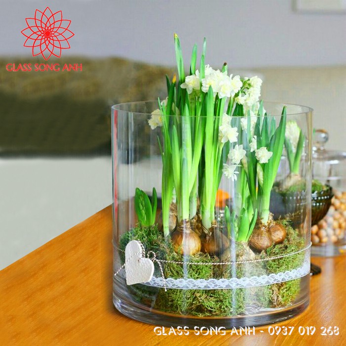 Bình bông thủy tinh trang trí D20x20, Bình cắm hoa thủy tinh trụ, lọ hoa hình trụ, trụ đổ đèn cầy, ống trụ tròn