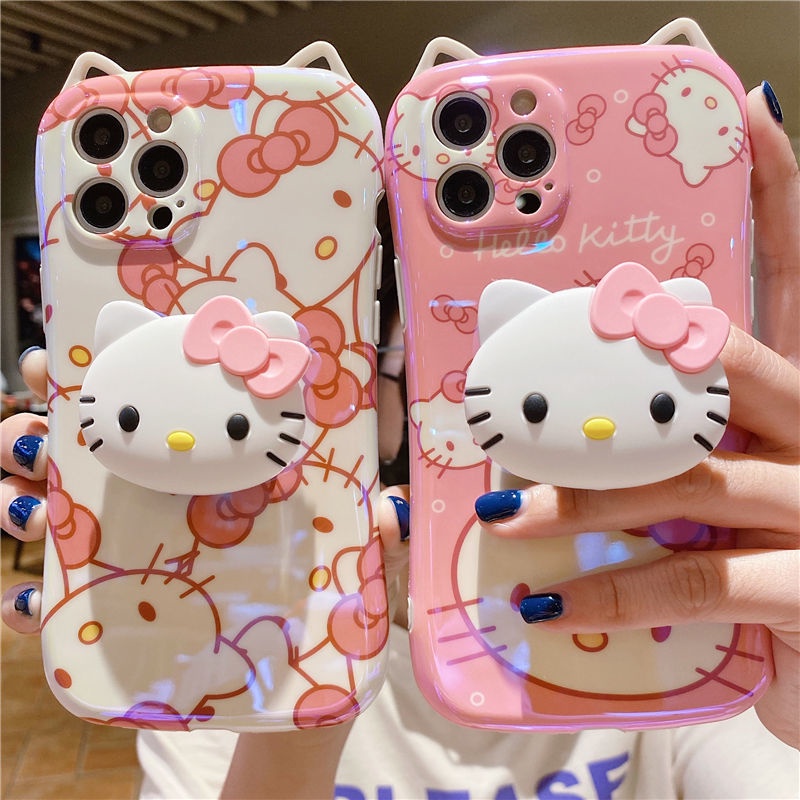 Ốp Điện Thoại Mềm Hình Tai Mèo Hello Kitty Có Giá Đỡ Cho iPhone 11 12 X XR 7/8plus XSMAX