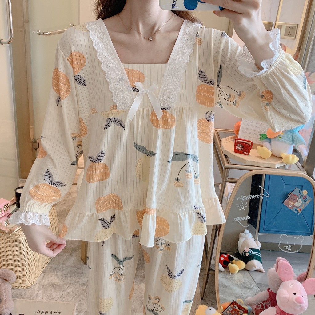 Pijama- Bộ Ngủ Nữ Dài Tay Phối Ren Nơ Cách Điệu DDTT01