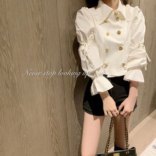 [ORDER] Áo sơ mi hai hàng cúc lính chì tay bo cổ đức nữ tính phong cách hàn quốc - Có ảnh thật