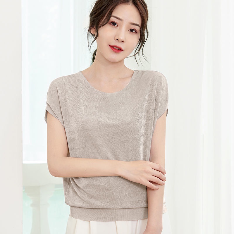 Áo Thun Tay Ngắn Cổ Tròn Vải Lụa Lạnh Mỏng Dáng Rộng Cỡ Lớn Thời Trang Cho Nữ Trung Niên