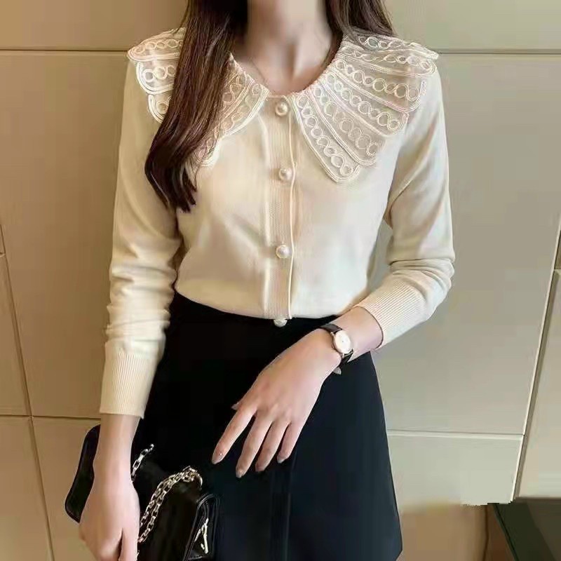 Áo Len Kiểu Nữ Cổ Tròn Ren Dài Tay Phong Cách Hàn Quốc - 4 mầu Trắng Đỏ Be Đen - Hanlly Fashion - AL3