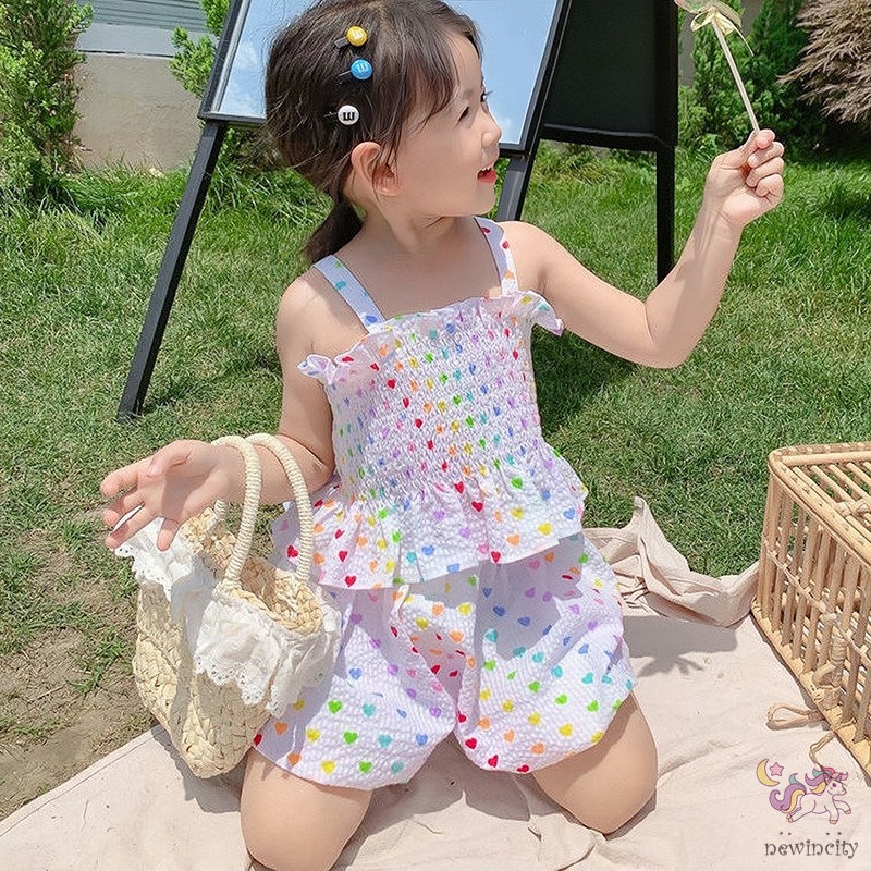 Set Đồ Mùa Hè 2 Món Gồm Áo Thun In Hình Trái Tim + Quần Ngắn Thời Trang Hàn Quốc Cho Bé Gái