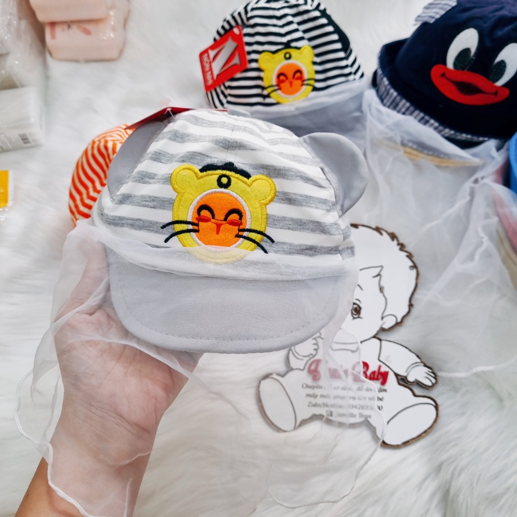 Mũ Kèm Khăn Voan Chống Bụi Cản Gió, Nón Có Lưới Che Cho Bé Có Dây