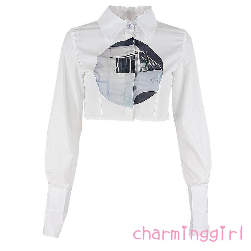 Jennie Áo sơ mi lửng tay dài in họa tiết trừu tượng thời trang dành cho nữ