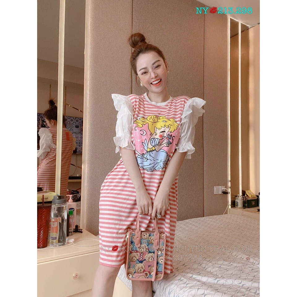[8.8 Sales Freeship] Đầm tiểu thư,đầm kẻ sọc hồng in hình công chúa phối tay trắng bèo chất thun gân cực cute, dễ dương