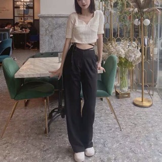 [clip thật] Quần ống rộng có dây cột eo sexy