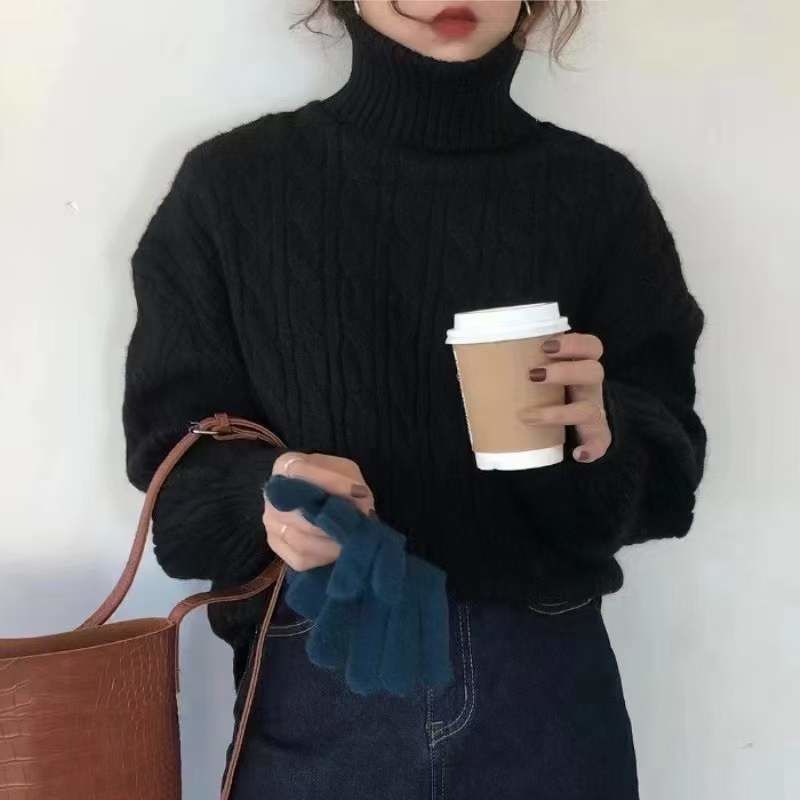 Áo Sweater Dệt Kim Tay Dài Cổ Cao Dáng Rộng In Họa Tiết Phong Cách Hàn Quốc Thời Trang Mùa Thu Cho Nữ