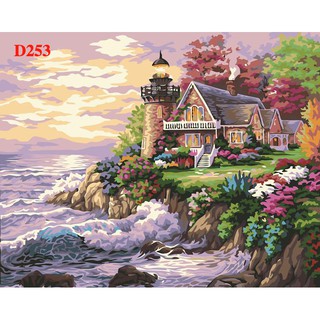 D253 - Tranh sơn dầu số hóa nhà cổ tích đã căng khung sẵn và dầu phủ bóng