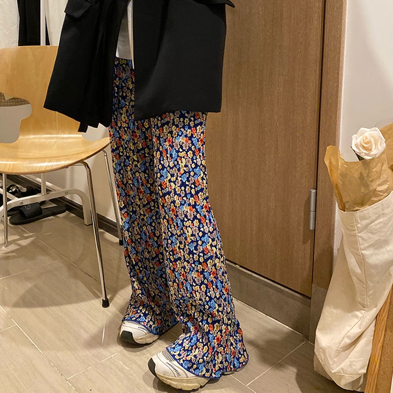 Jiashucheng Quần Dài Ống Rộng Lưng Cao Xếp Ly Vải Lụa Lạnh Chống Nắng In Họa Tiết Hoa Phong Cách Retro Thời Trang Cho Nữ