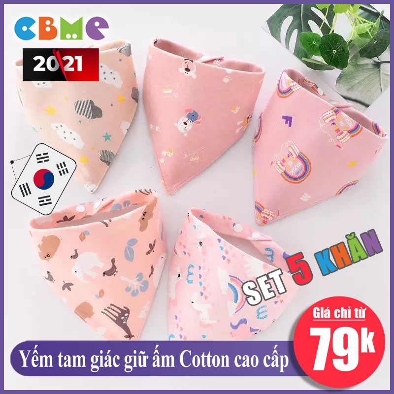 Set 5 Khăn yếm tam giác cotton có cúc bấm cho bé, Mẫu 2021 cao cấp xuất Nhật