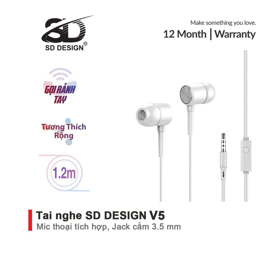 Tai Nghe Nhét Tai SD Design V5 Super Bass tương thích các dòng điện thoại jack 3.5mm, có mic bảo hành Chính Hãng 1 đổi 1