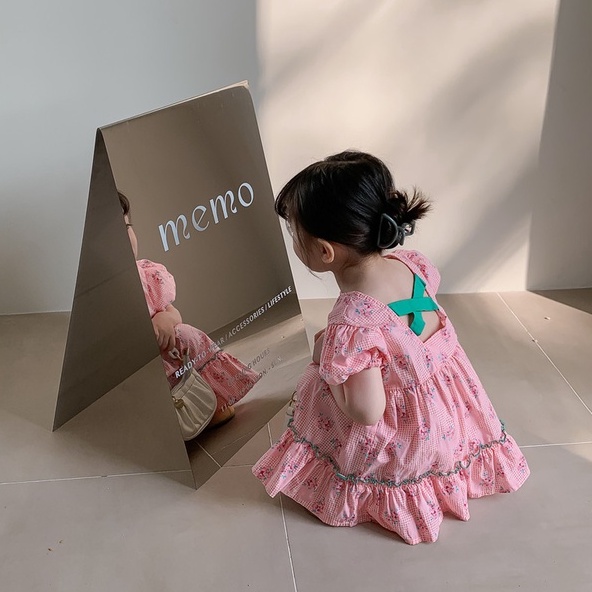 Đầm Công Chúa Mùa Hè Hai Dây Tay Phồng In Họa Tiết Hoa Dễ Thương Phong Cách Hàn Quốc Cho Bé Gái