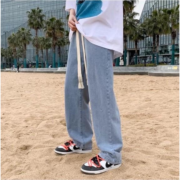 Quần jean ống suông nam nữ rộng lưng chun màu xanh pon.mens hà nội
