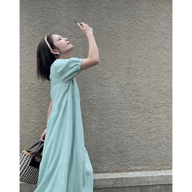 Váy Babydoll cổ tròn tay phồng xanh ngọc Xanh Mint hàng đẹp Đầm suông dáng dài phong cách Hàn quốc dành cho nữ