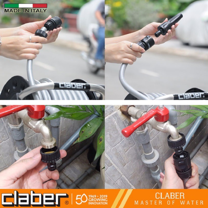 Combo Bộ Dây Và Vòi Tưới Cây  Claber 15m Aquapony Kit 8884 và móc treo tường kim loại, phi ống 12mm