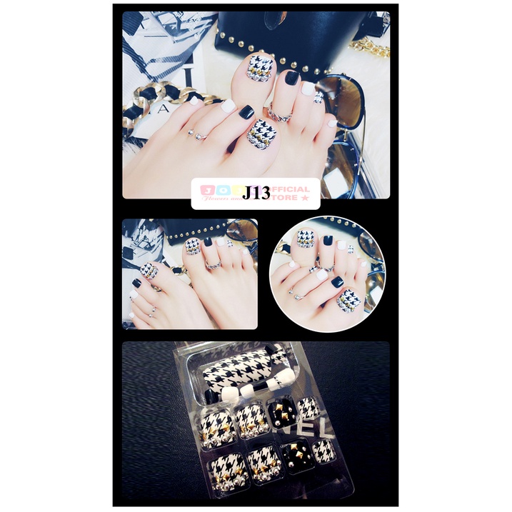 Set 24 móng chân giả đính đá J13 Jojo móng giả thời trang kèm keo tự làm tại nhà
