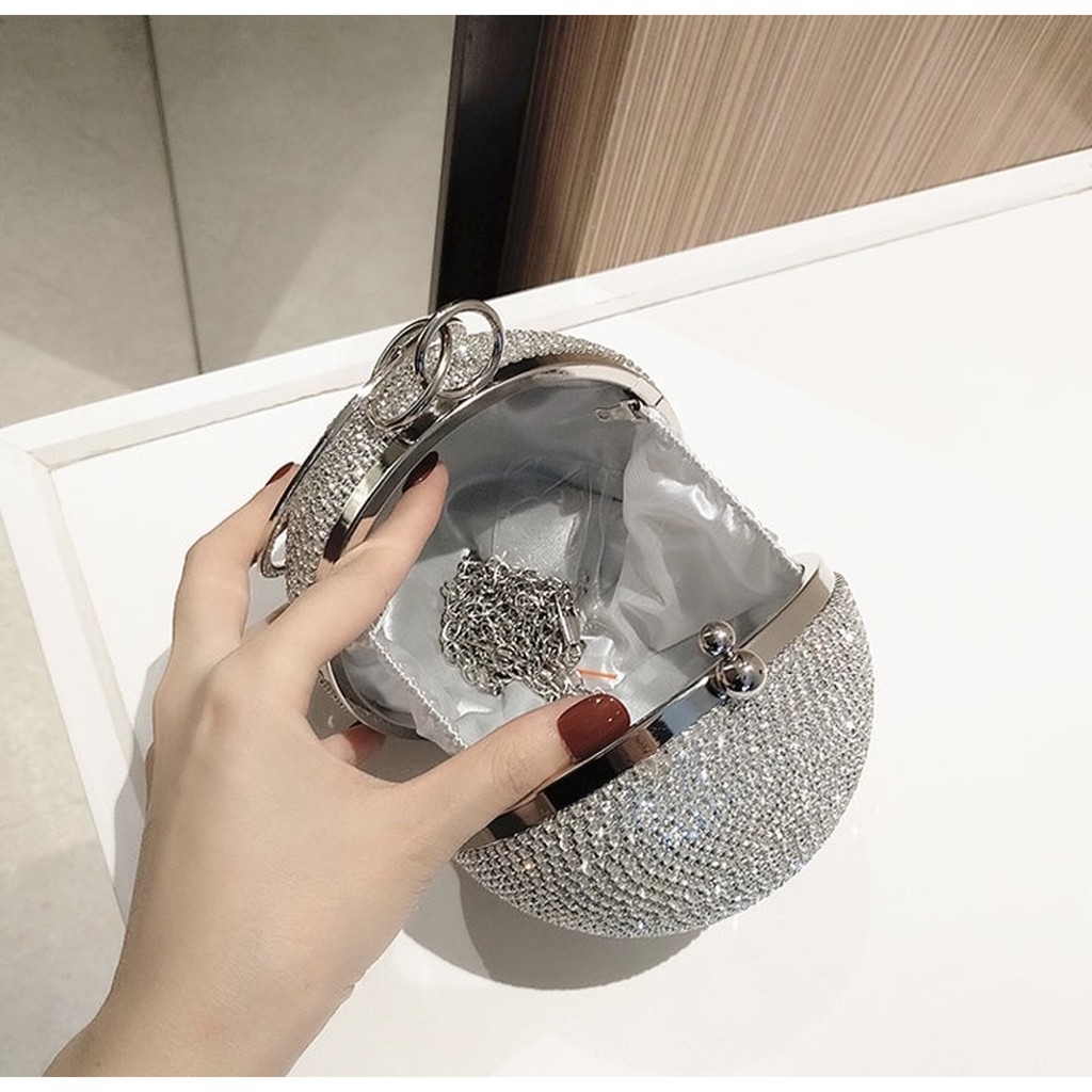 Clutch tròn đính đá size 13 dự tiệc sang chảnh (sẵn, nhắn tin shop kiểm hàng)