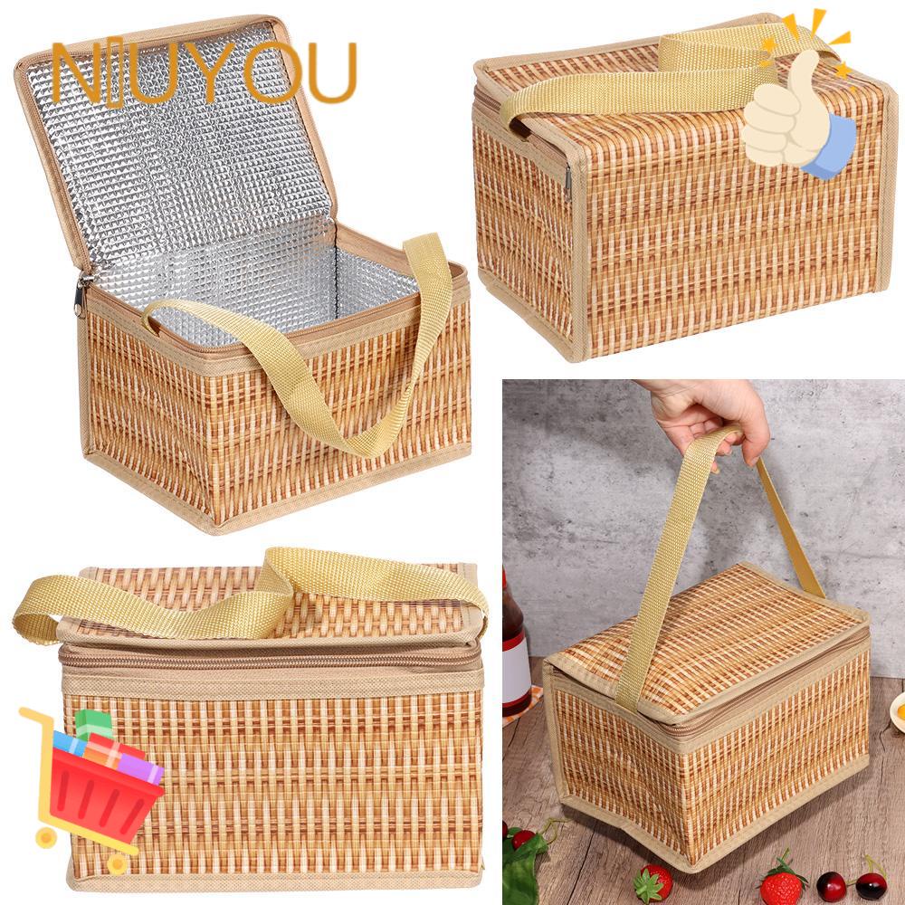 Giỏ đan giả mây xách tay cách nhiệt giữ có nắp và tay cầm chống thấm nước dùng khi dã ngoại/cắm trại ngoài trời