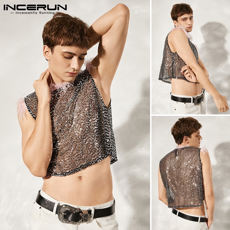 INCERUN Áo Croptop Sát Nách Đính Kim Sa Lấp Lánh Xuyên Thấu Thời Trang Dự Tiệc Cho Nam