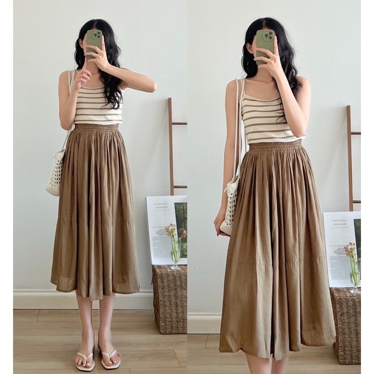 Chân váy midi tơ nhăn dáng dài công chúa bồng bềnh chuzme