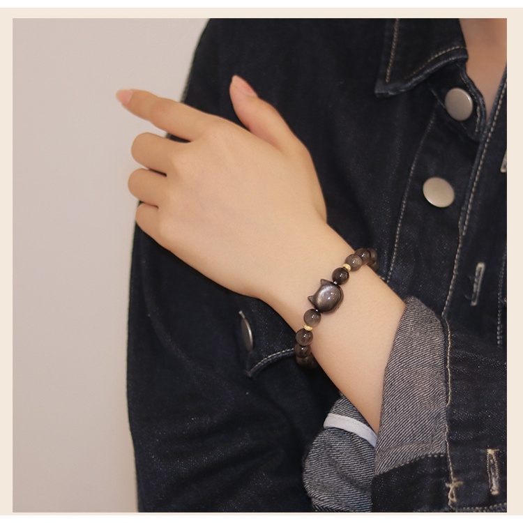 [Hàng Mới] Vòng Đeo Tay Chuỗi Hạt Đá Obsidian Hình Đầu Mèo Độc Đáo